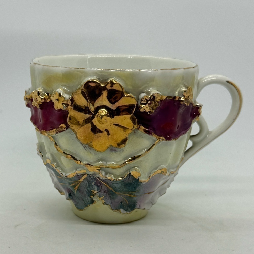 Vintage German.Lusterware Teacup with Ornate Gilt High Relief Floral Design